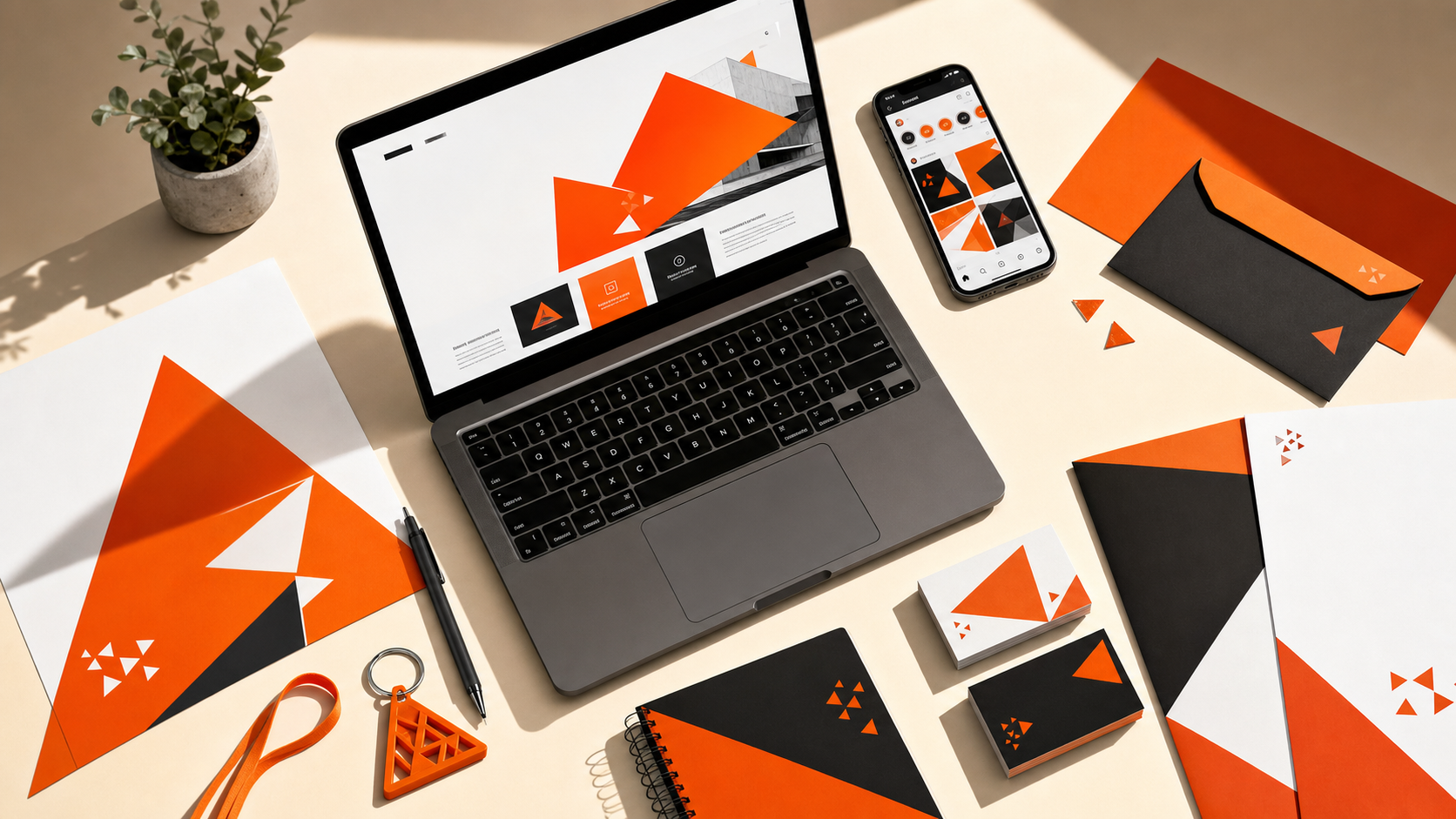 Mesa criativa com notebook, celular, papelaria e chaveiro 3D em uma identidade laranja e preta